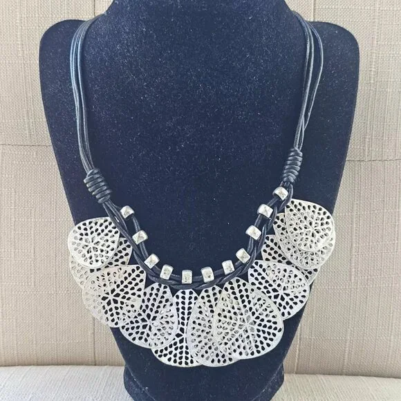 Women Necklace Silver Tone Heart Shape Coin Pendant Fashion Jewelry Black Cord - Picture 6 of 6